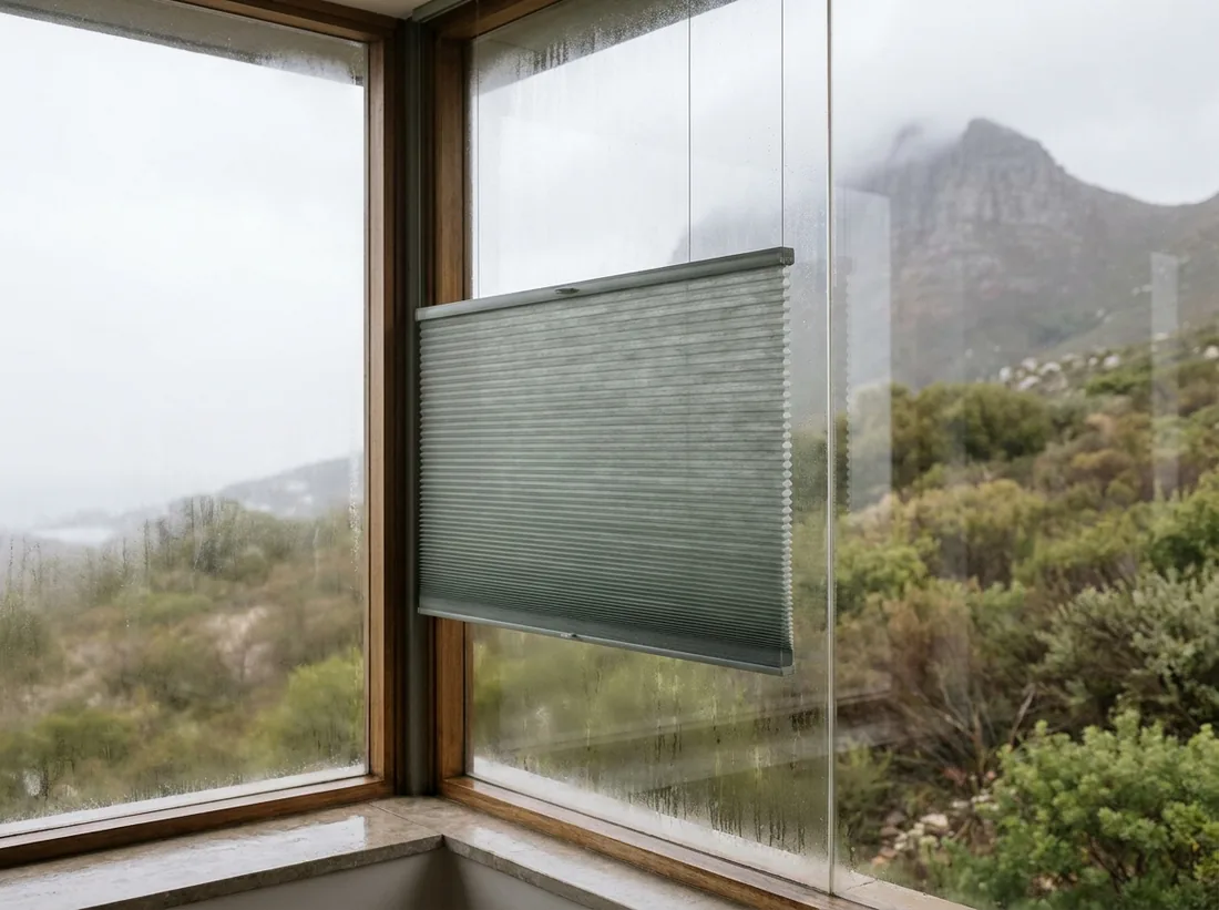 A honeycomb cellular blind showing its pleated hexagonal-cell side profile on a tall window of a Noordhoek valley home on a cold, damp winter morning