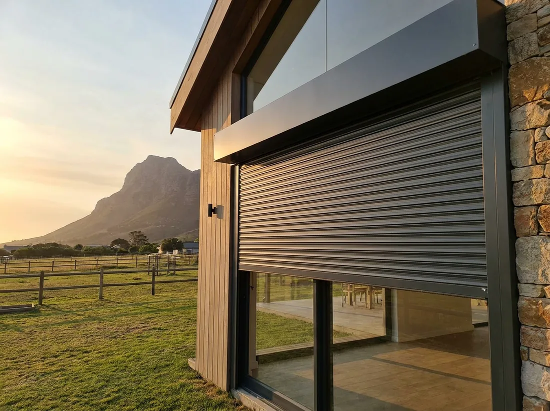 An external aluminium roller shutter with rigid horizontal slats rolled partway down over a west-facing window of a contemporary Noordhoek valley home