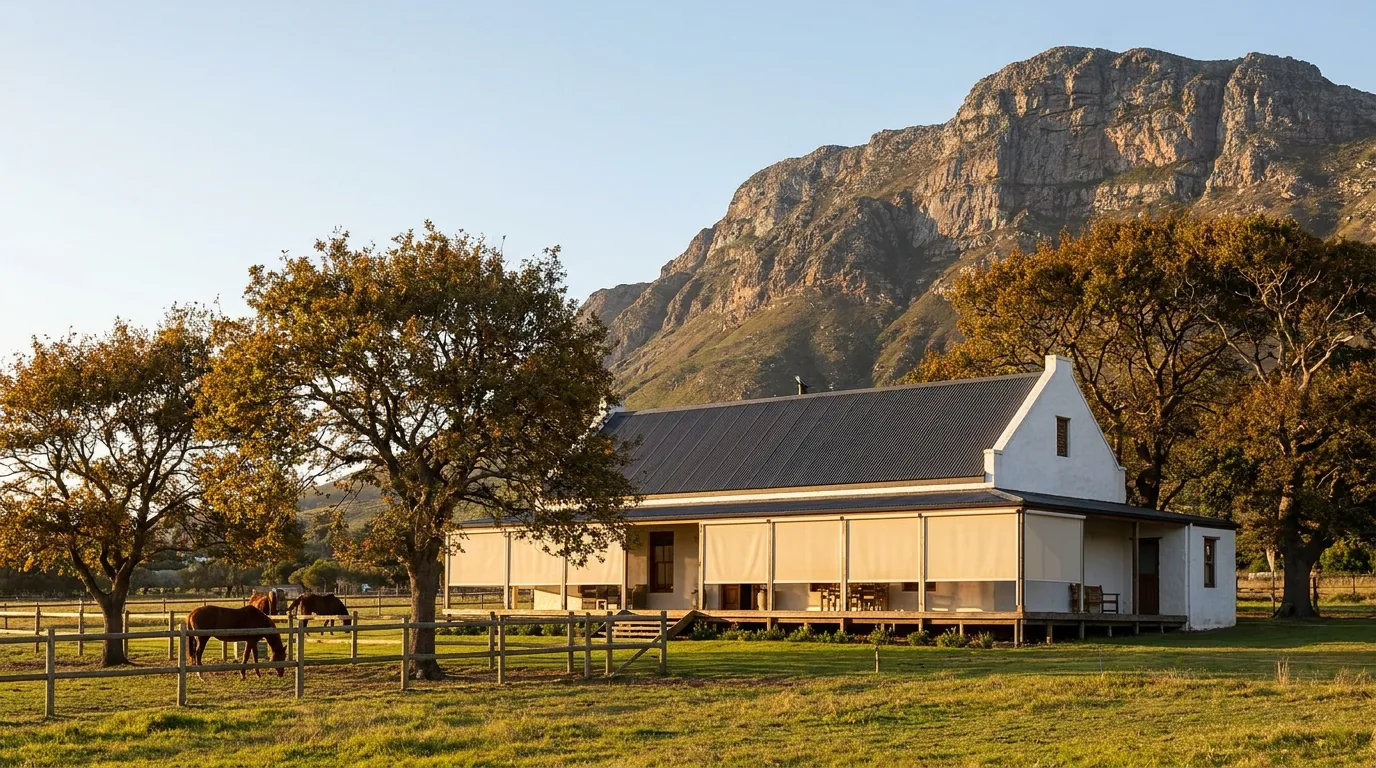 A Cape farm-style home in the Noordhoek valley with a wind-locked zip screen half-lowered across its veranda, Chapman's Peak rising sheer behind it and a horse paddock in the foreground